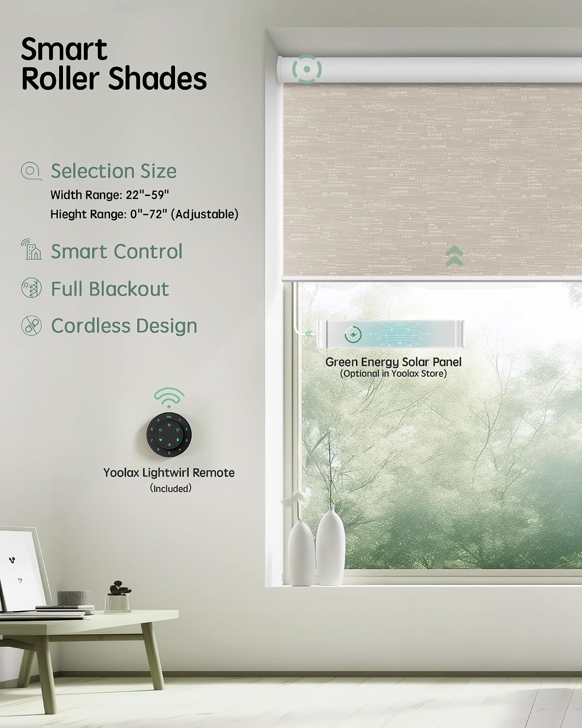 Yoolax Motorized Blinds with Remote, Blackout Jacquard Coffee, 23"W x 72"H