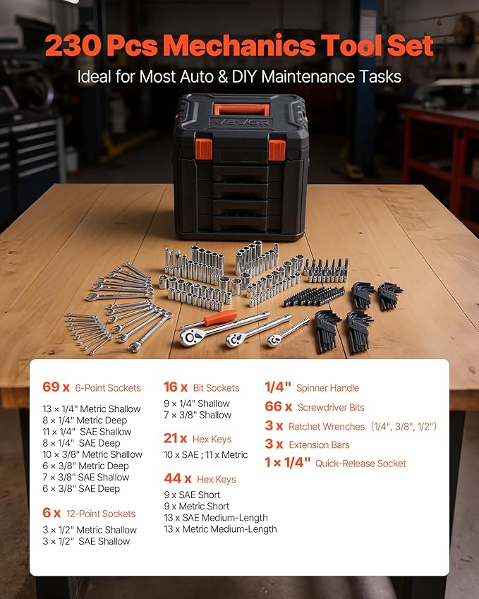 VEVOR Mechanics Tool Set, 230-Piece Mechanic Tool Kit, 1/4 in, 3/8 in, and 1/2