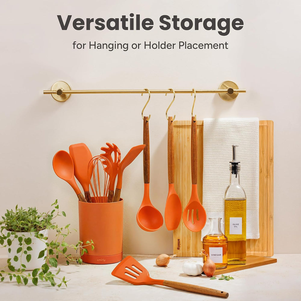 SMIRLY Silicone Kitchen Utensils Set, 22-Piece Acacia Wood Handle, Orange