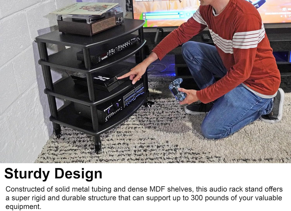 Rockville FLX Black Adjustable Height 4 Shelf Home Theater Audio Rack