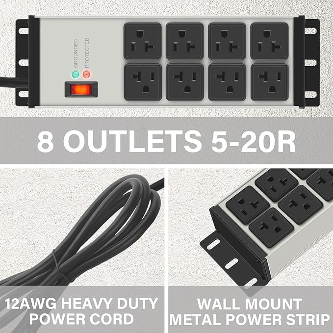 CCCEI Magnetic Heavy Duty Power Strip Surge Protector 20Amp, 12 Gauge High Amp