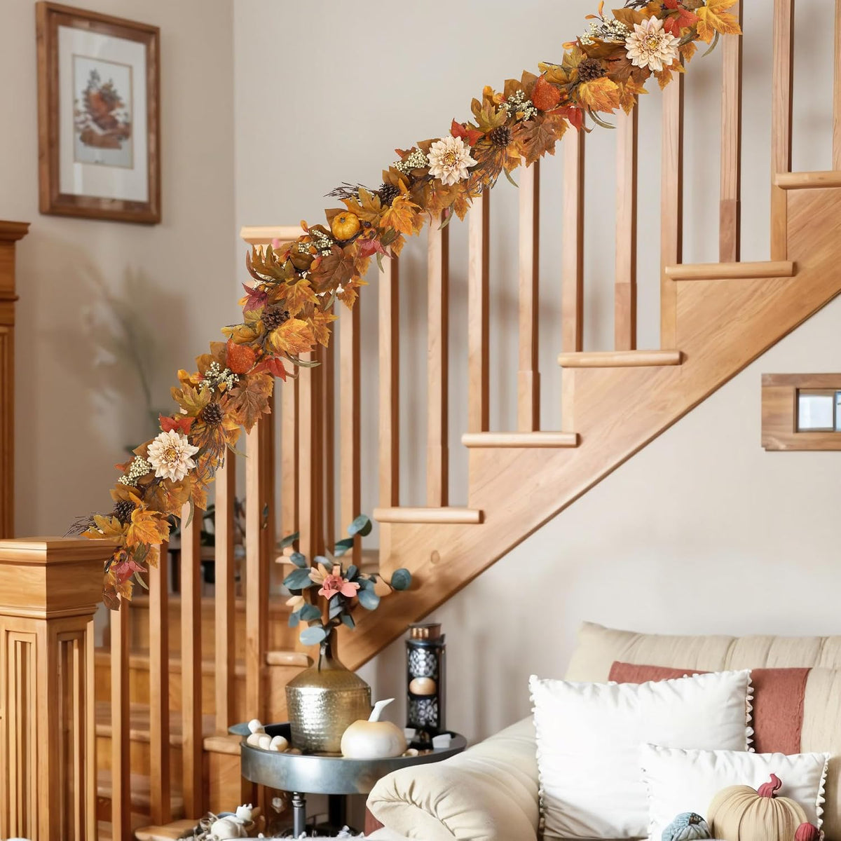 Fall Garland 6Ft Lifelike Autumn Maples Leaf Pumpkin Garland with Berries Pine Cones, Fall Decorations for Home Thanksgiving Halloween Fireplace Farmhouse Porch Indoor Outdoor Decorations