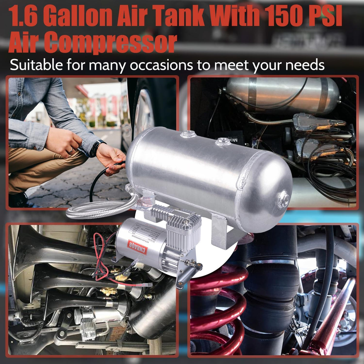 150 PSI Air Compressor with 1.6 Gallon 200 PSI Air Tank Aluminum Air Compressor Onboard System 12V 1/4NPT for Train Truck Trailer Train Auto Air Lift Suspension Heavy Duty Air Horn Compressor