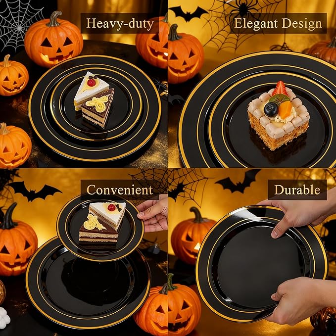 350 Pieces Black and Gold Plastic Plates with Disposable Silverware, Include 50 Dinner Plates 9”, 50 Dessert Plates 6.3”, 50 Black Cups 9 OZ, 50 Pre Rolled Napkins for Halloween new year