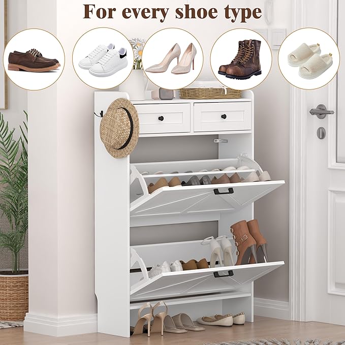 Shoe Cabinet with 2 Flip Drawers & 2 Storage Drawers, Rustic Farmhouse Narrow