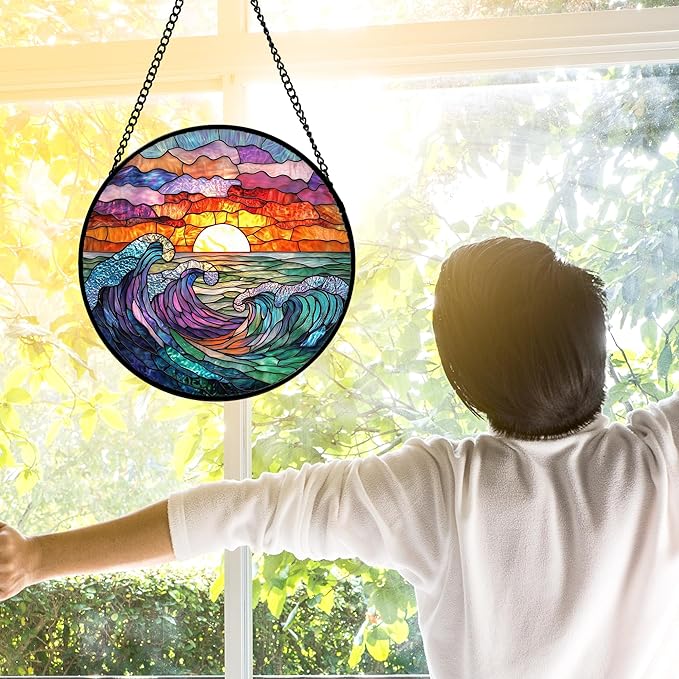 DASTOLL Stained Glass Window Hanging, Clouds and Sea Waves Suncatcher Diamond
