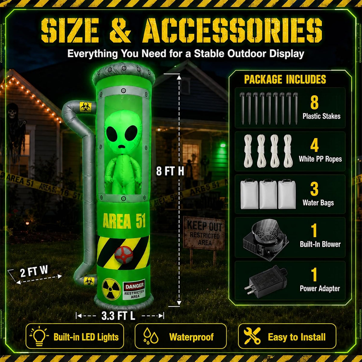 8FT Halloween Alien Inflatable Blow Up Outdoor Decorations with LEDs