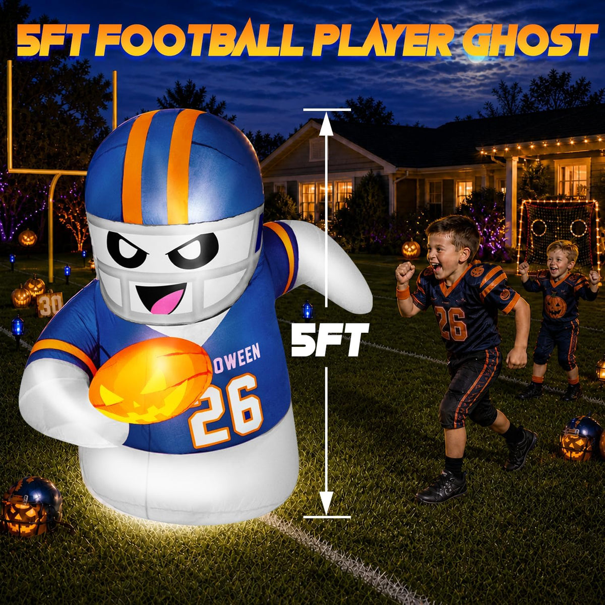 5FT Halloween Inflatables Decorations Outdoor Football Player Ghost Built-in Full-Body Bright LEDs Cute Halloween Blow Up Yard Decoration with Pumpkin Sports-Themed Blowups Lawn for Party