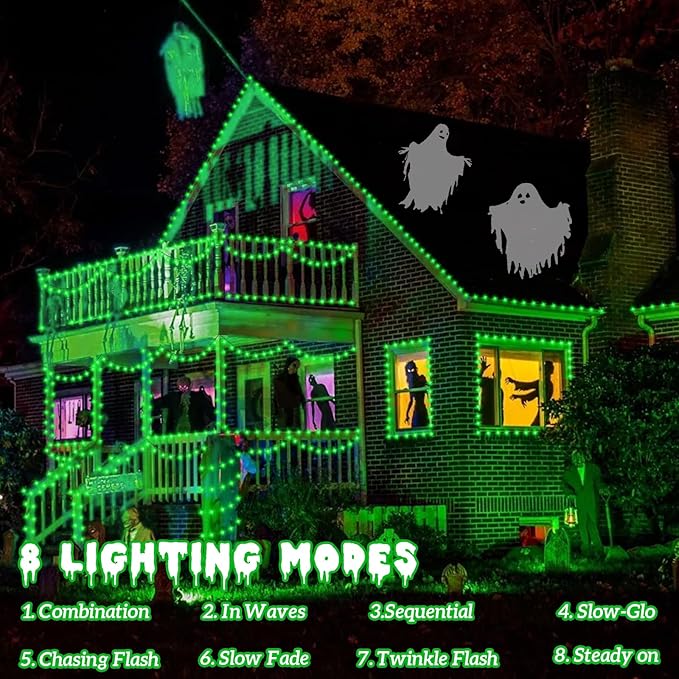 YEGUO 165ft 500 LED Halloween Lights Outdoor Waterproof, 8 Modes Green String Lights Plug in, Green Wire Christmas Lights Indoor with Timer Memory