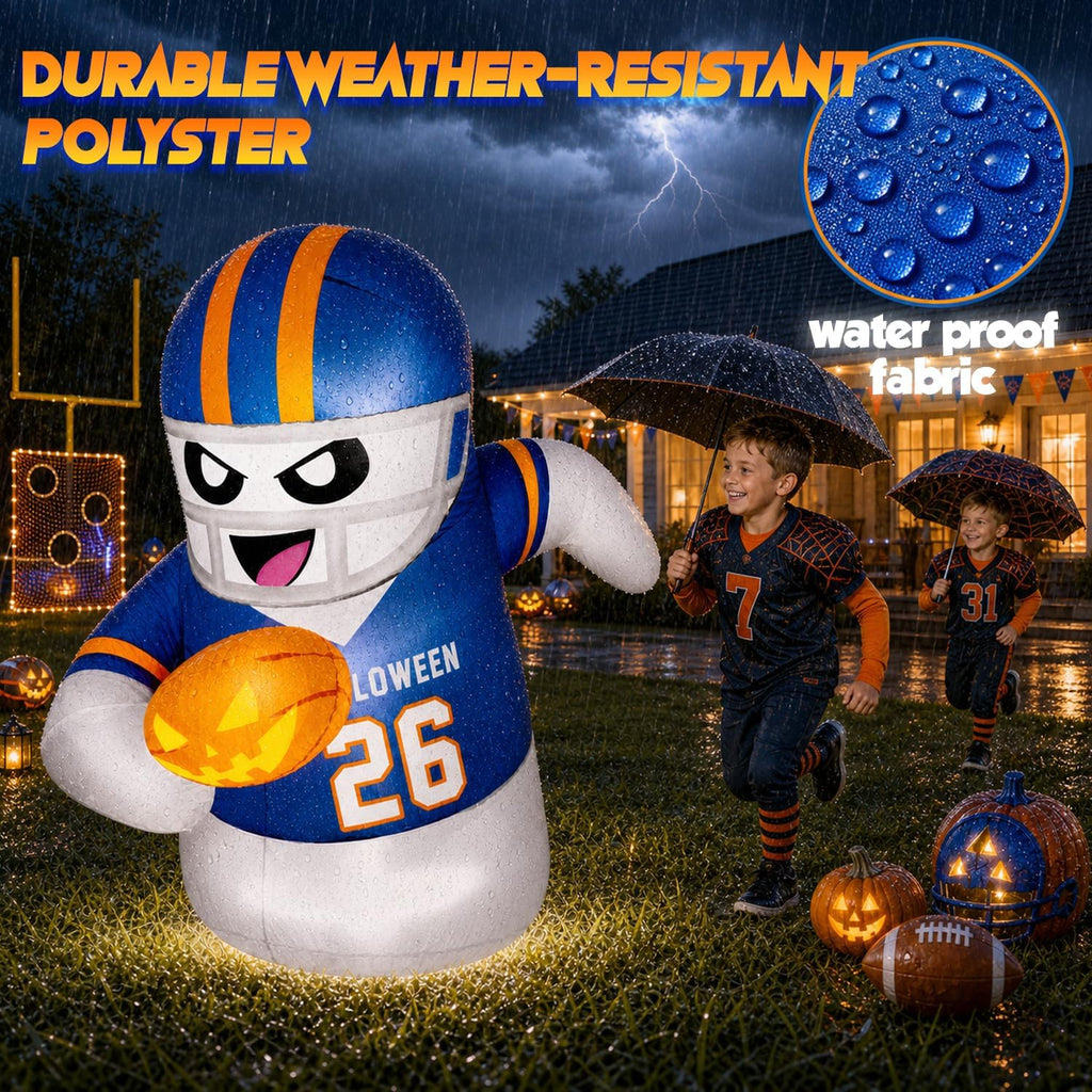 5FT Halloween Inflatables Decorations Outdoor Football Player Ghost Built-in Full-Body Bright LEDs Cute Halloween Blow Up Yard Decoration with Pumpkin Sports-Themed Blowups Lawn for Party
