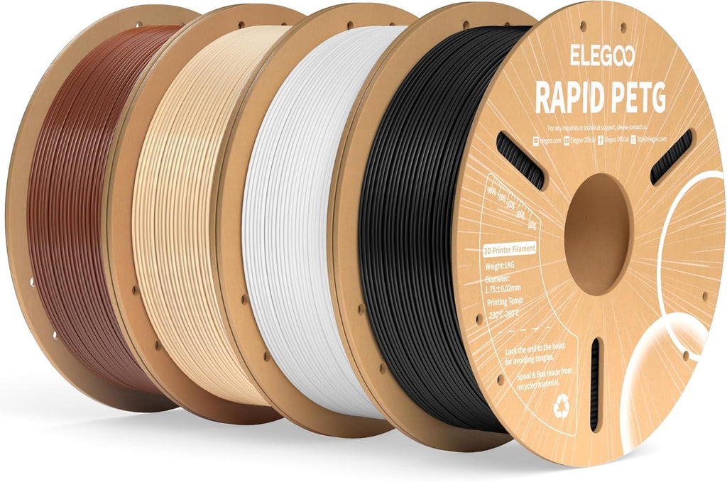 ELEGOO Rapid PETG 3D Filament Bundle 1.75mm Black/White/Beige/Brown 4KG