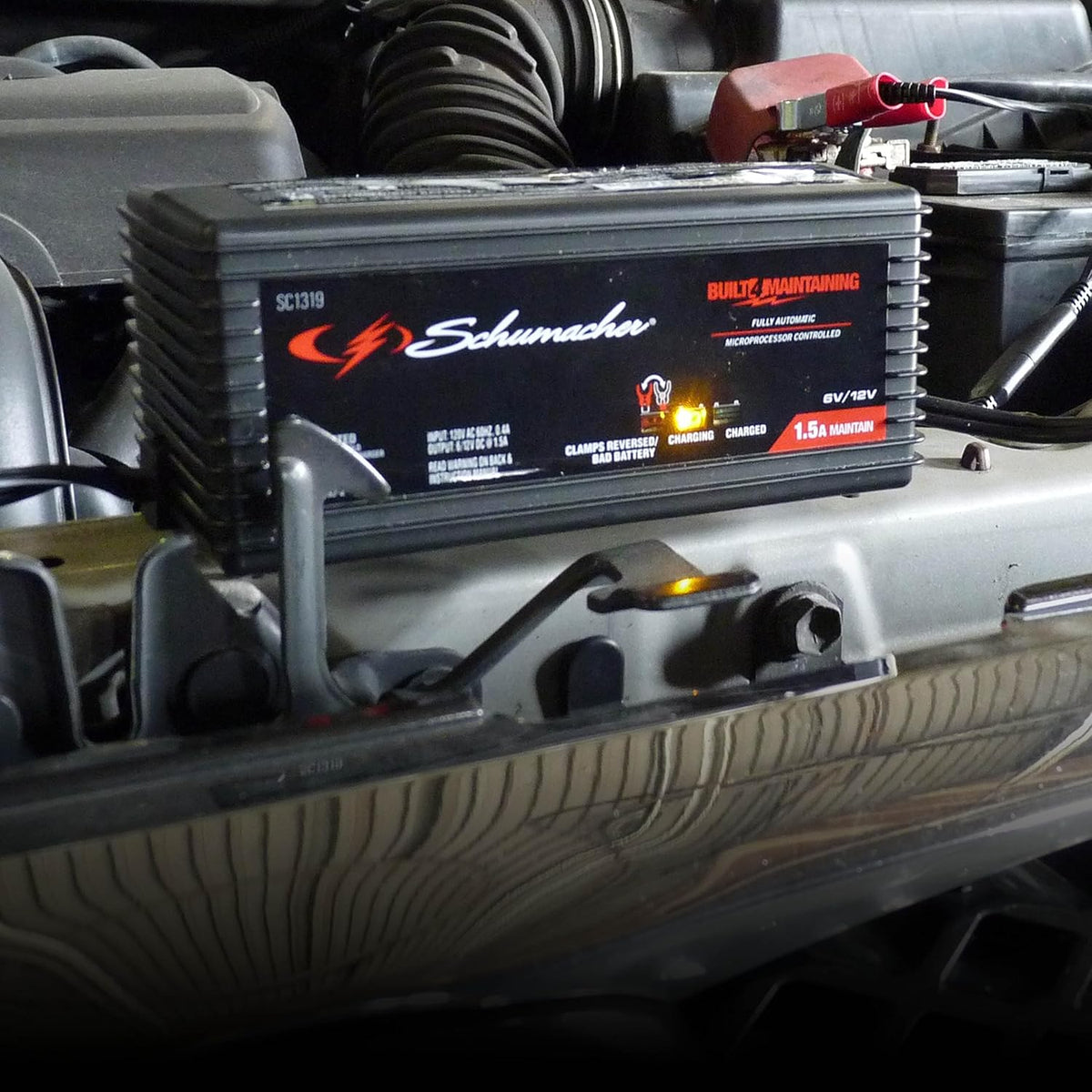 schumacher electric battery charger and maintainer, 3-in-1, sc1319, side view