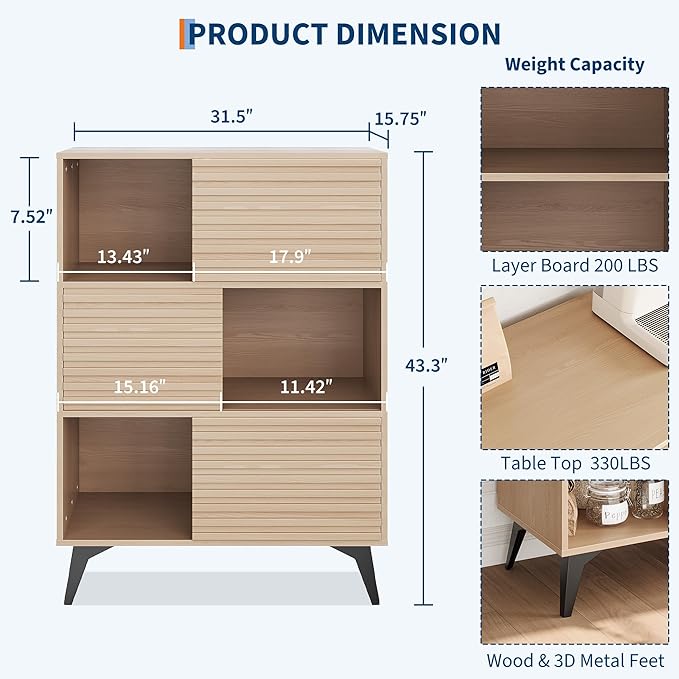 IDEALHOUSE Fluted Cabinet with Sliding Doors, Modern Wooden Storage Cabinet
