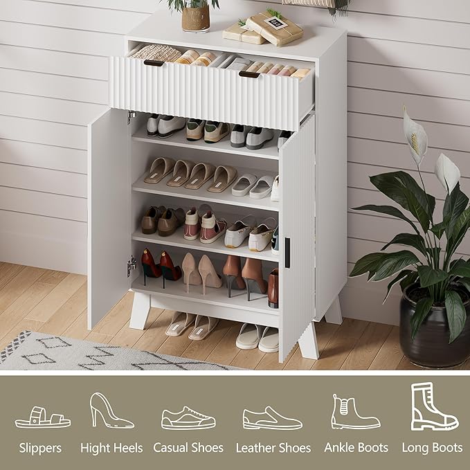 Shoe Cabinet Storage for Entryway, 4 Tier Fluted Shoe Storage Cabinet