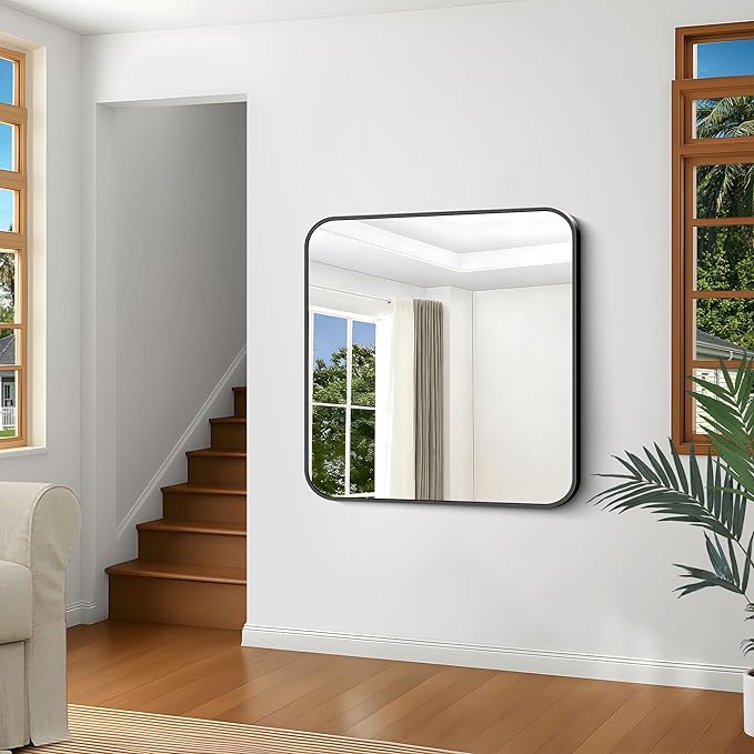 Black Bathroom Mirror, 38x40 inch Aluminum Metal Frame Rectangular Vanity Mirror