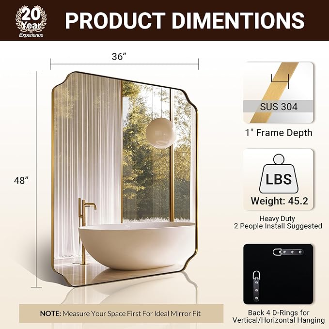 ANDY STAR 36"x48" Large Gold Mirror, Brushed Brass Rectangle Bathroom Mirror