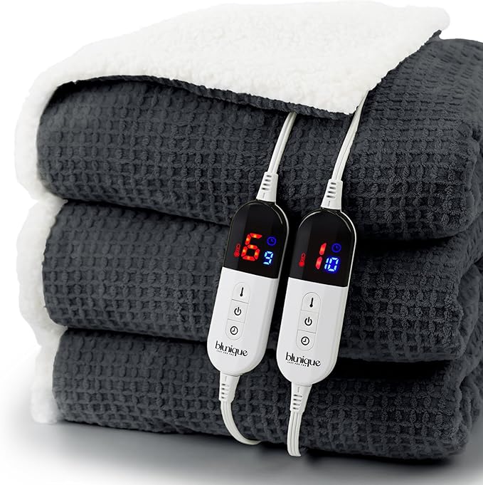 Heated Blanket Electric Blanket Queen Waffle, 84x90 Inches Dual Controllers