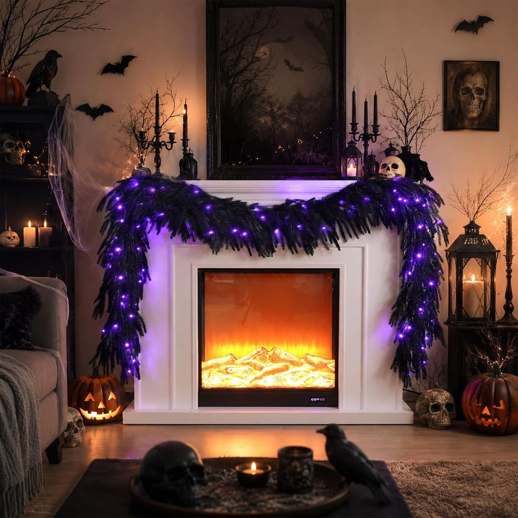 N&T NIETING 9FT Black Halloween Pre-Lit Garland with 70 LED Lights Real Touch Artificial Norfolk Pine Garlands for Table Fireplace Holiday Indoor Outdoor Halloween Decorations (1 Pcs)