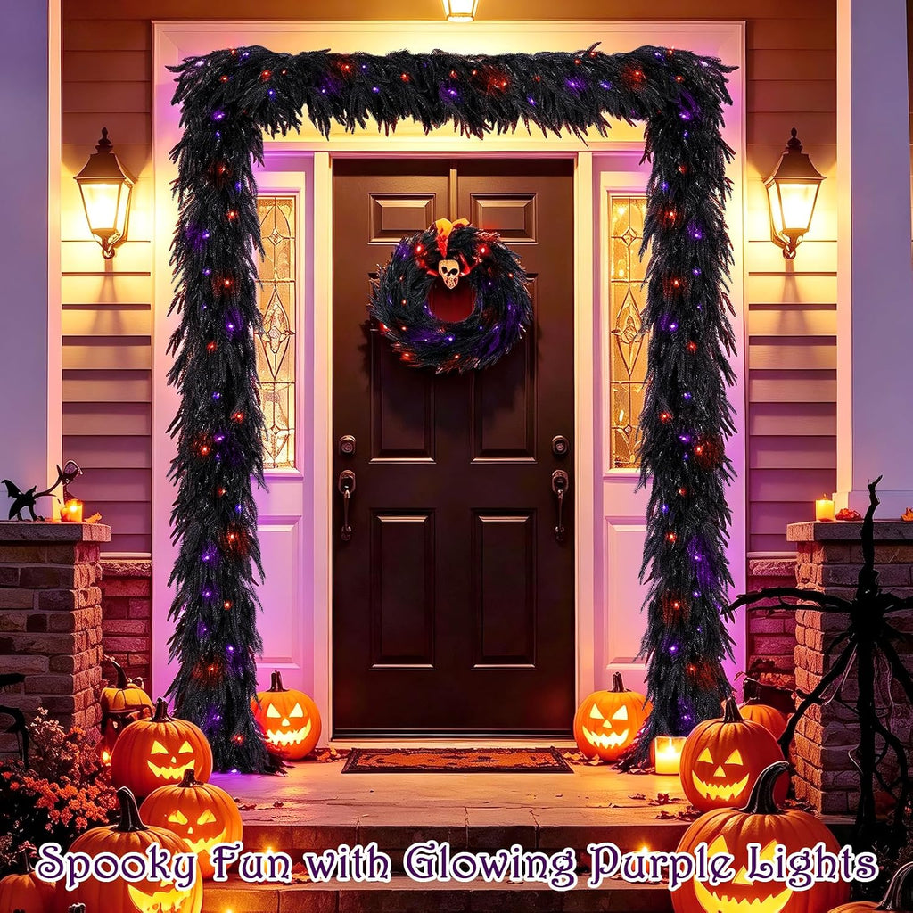 9FT Soft Touch Black Norfolk Pine Halloween Garland with Timer Lights