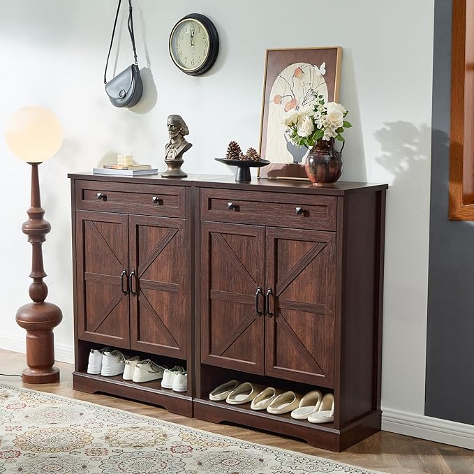 SOOWERY Shoe Cabinet with Drawer, Farmhouse Shoe Storage Cabinet with Doors