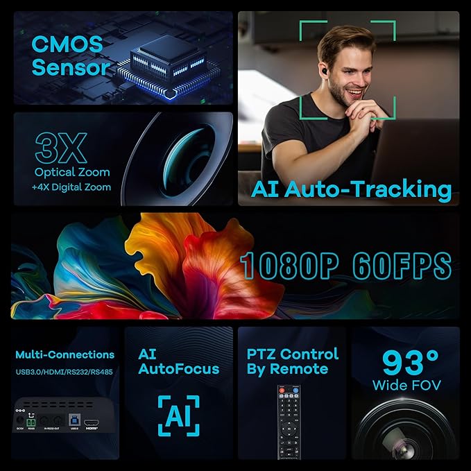 TONGVEO 3X Optical Zoom PTZ Camera AI Auto-Tracking HDMI USB 3.0 1080P 60fps