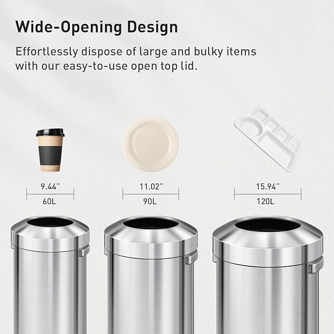 EKO 16-Gallon Round Stainless Steel Open Top Trash Can, Large Commercial Waste