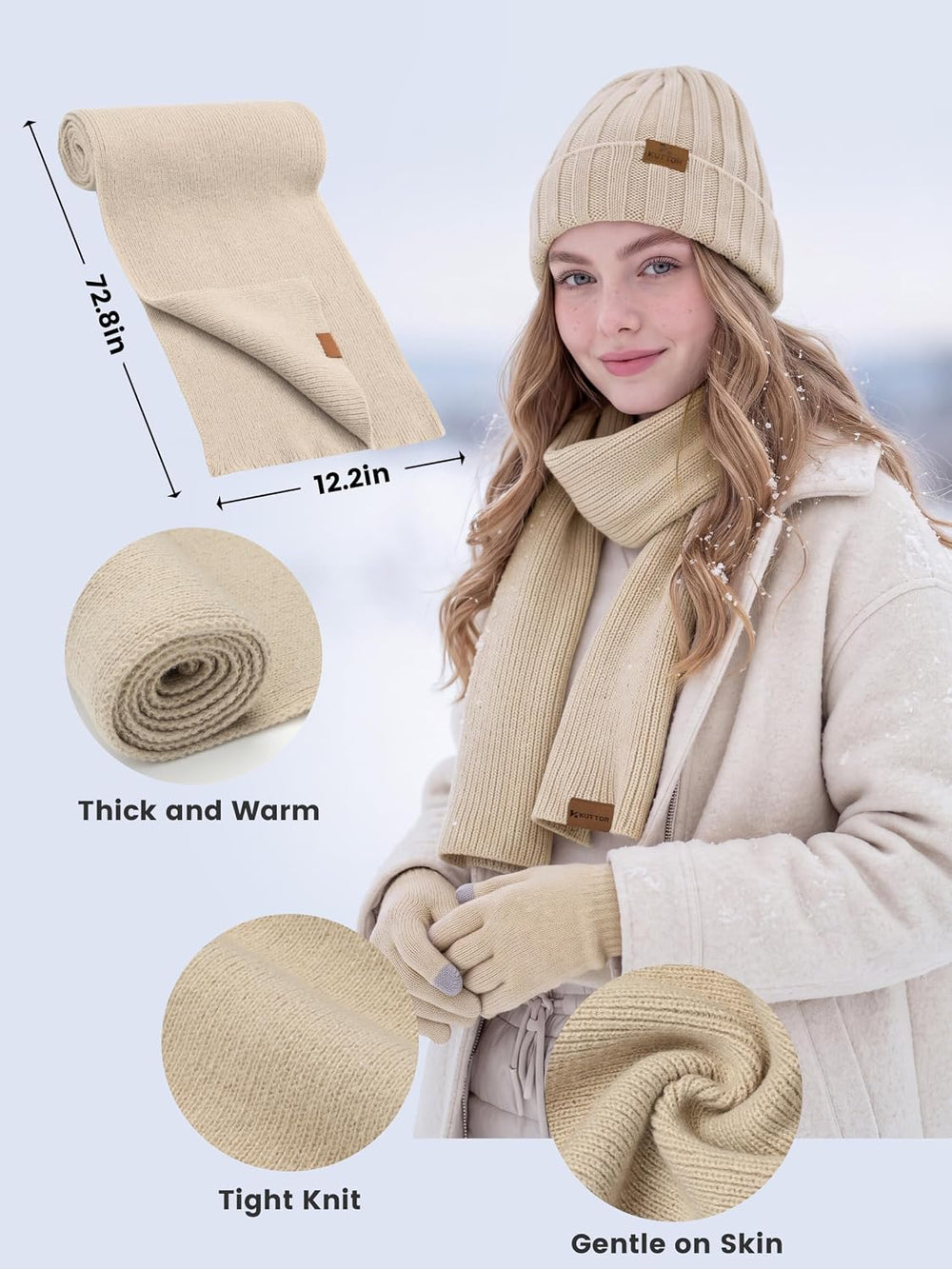 3 PCS Winter Knitted Set for Adults, Includes Beanie Hat, Scarf, and Touchscr...