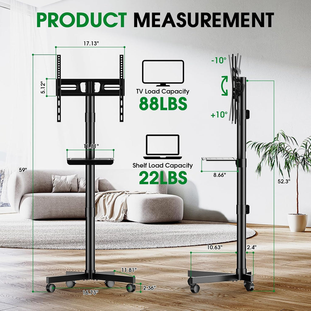 Rolling TV Stand, Portable TV Cart with Wheels/Shelf for 23-60 Inch, Black
