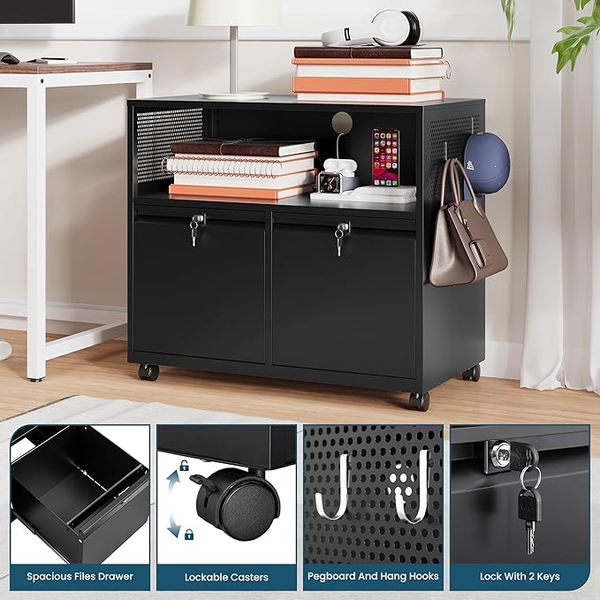 MIIIKO File Cabinet with Storage 2 Drawers, Rolling File Cabinet