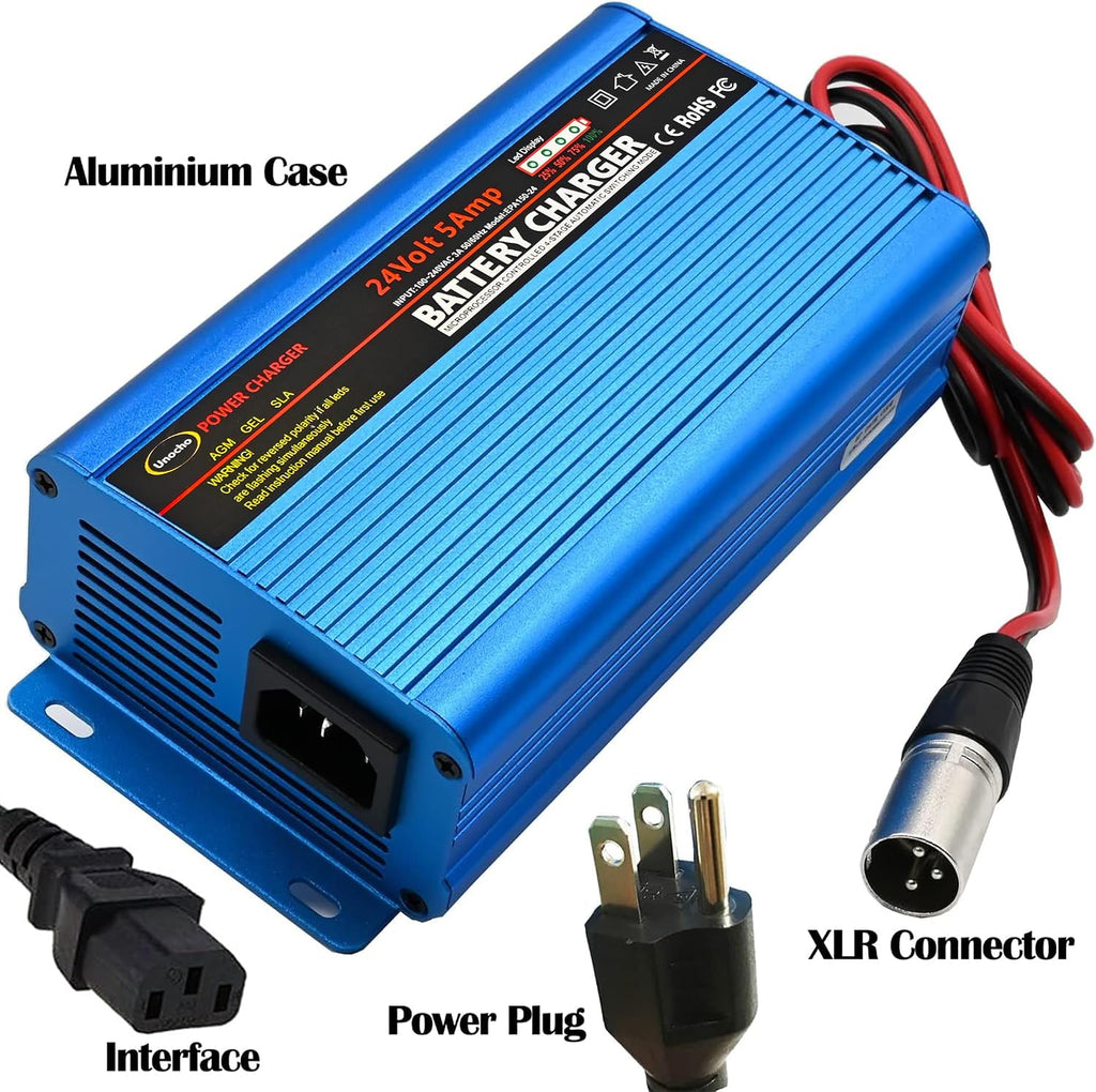Unocho 24V 5A Battery Charger 4-Stage Smart Lead-Acid Charger with 3-Pin XLR Connector Power Switch and LED Display for Wheelchairs Mobility Scooters AGM Gel SLA VRLA