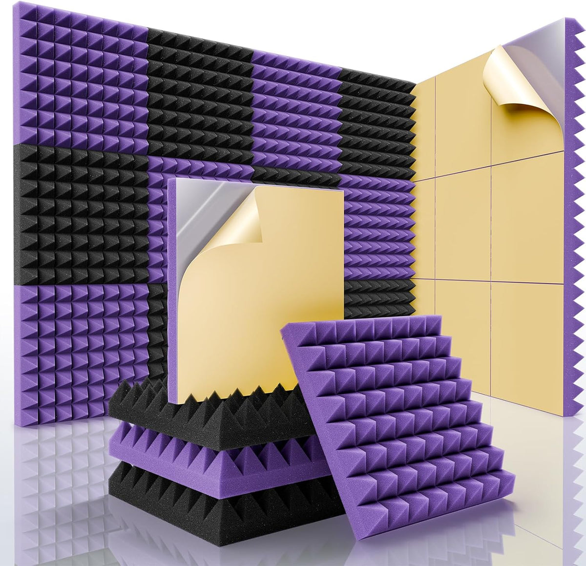 Sonicism Acoustic Panels Self-Adhesive Pyramid 12 Pack,0.9" X 12" X 12" Sound Proof Foam Panels for walls High Density,Acoustic Wall Panels Fast Expand,Sound Absorption and Decoration,Black/Purple
