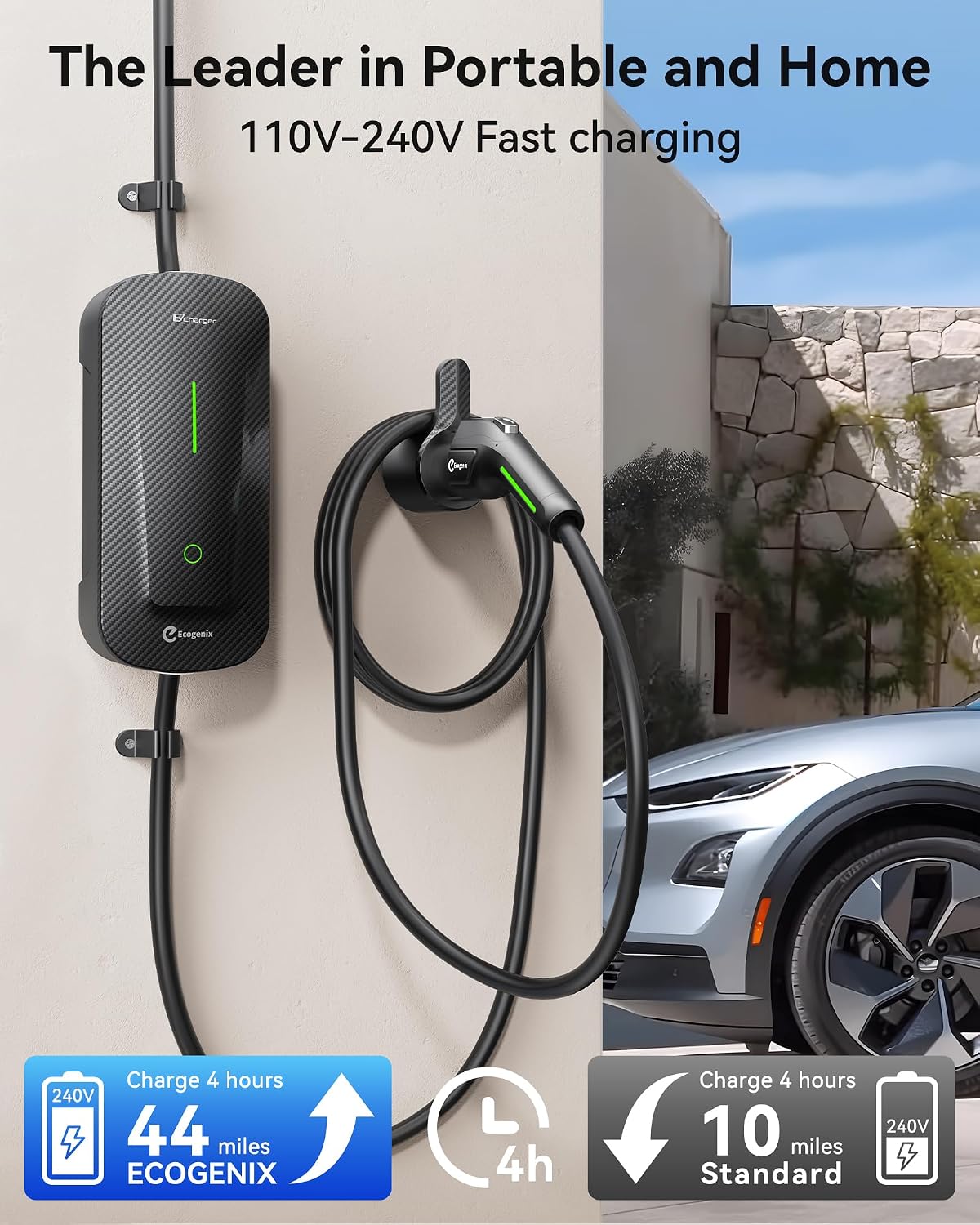 Ecogenix Level 1/2 EV Charger with Holder, 16A 25ft Cable Portable Mobile J1772 Charger, 110-120V 5-15 & 6-20 Plug, Home/Outdoor Charging Stations for All J1772 EV and Hybrid Vehicles