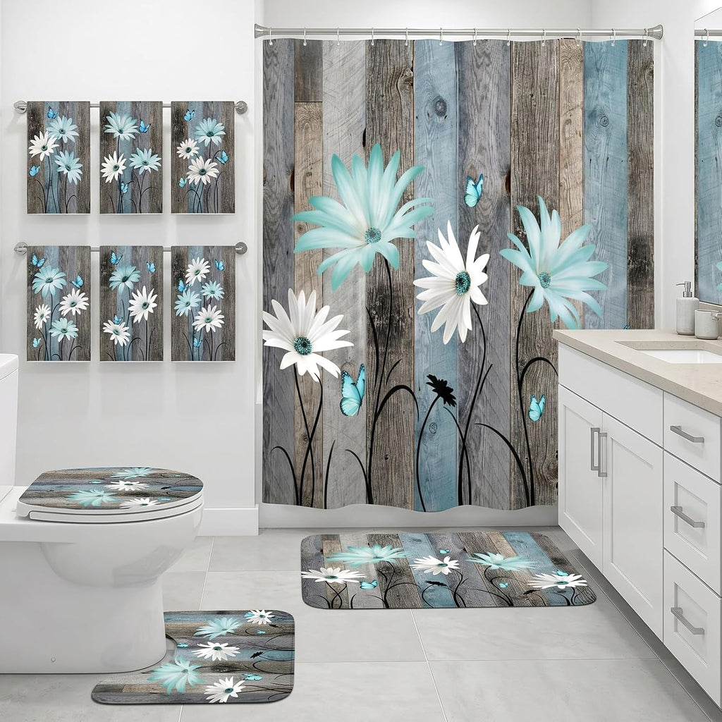 Britimes Bathroom Sets with Shower Curtain and Rugs Set of 10 Teal Wooden