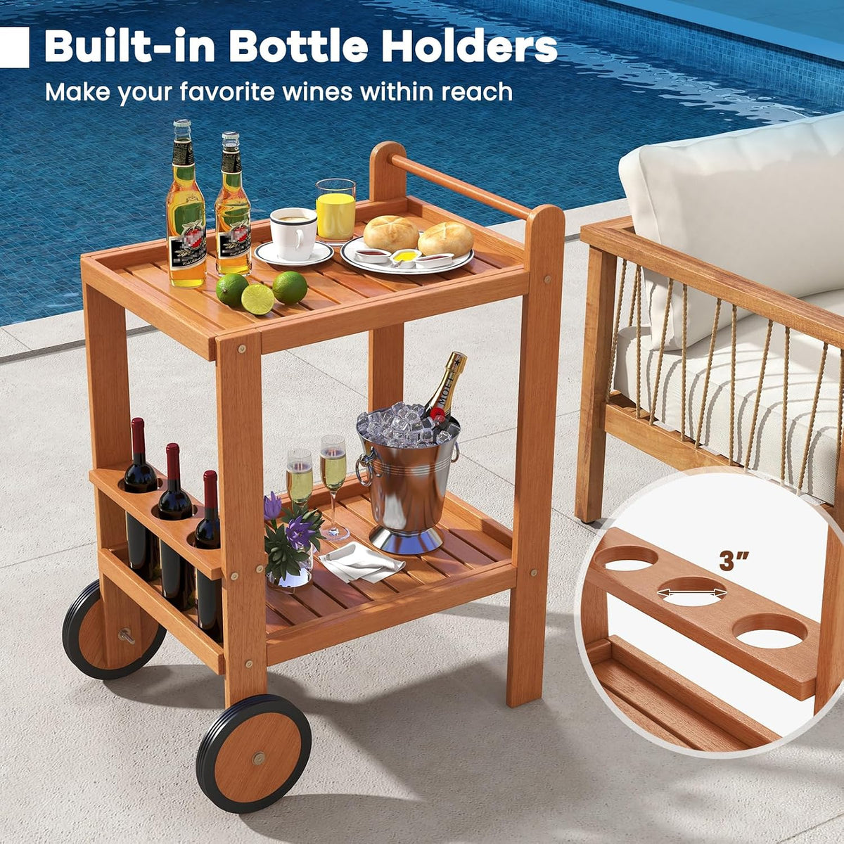 Tangkula 2-Tier Rolling Bar Cart with Rubber Wheels, Natural