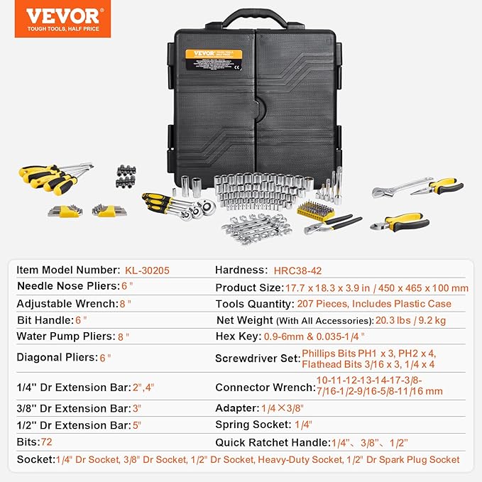 VEVOR Mechanics Tool Set 207 Pieces 1/4" 3/8" 1/2" Drive Sockets -SAE and