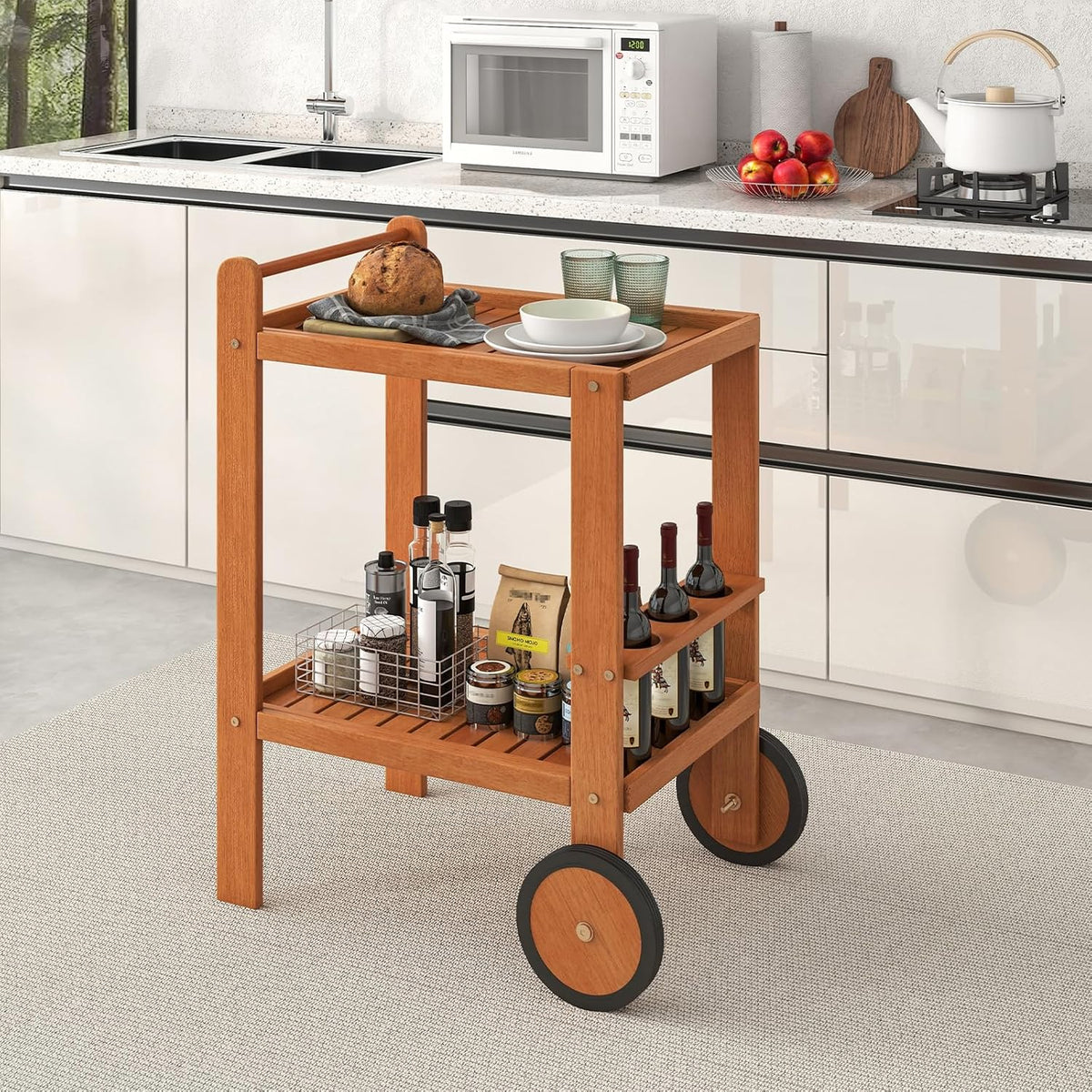 Tangkula 2-Tier Rolling Bar Cart with Rubber Wheels, Natural