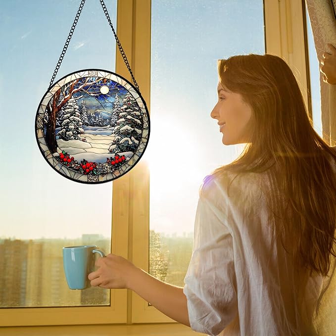 DASTOLL Stained Glass Window Hanging Christmas Tree Winter Snow Night Scenery