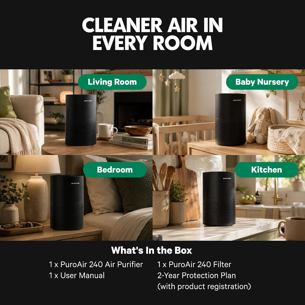 PuroAir 240 HEPA Air Purifiers for Home Pets Bedroom 1000 Ft², Black, 2PK
