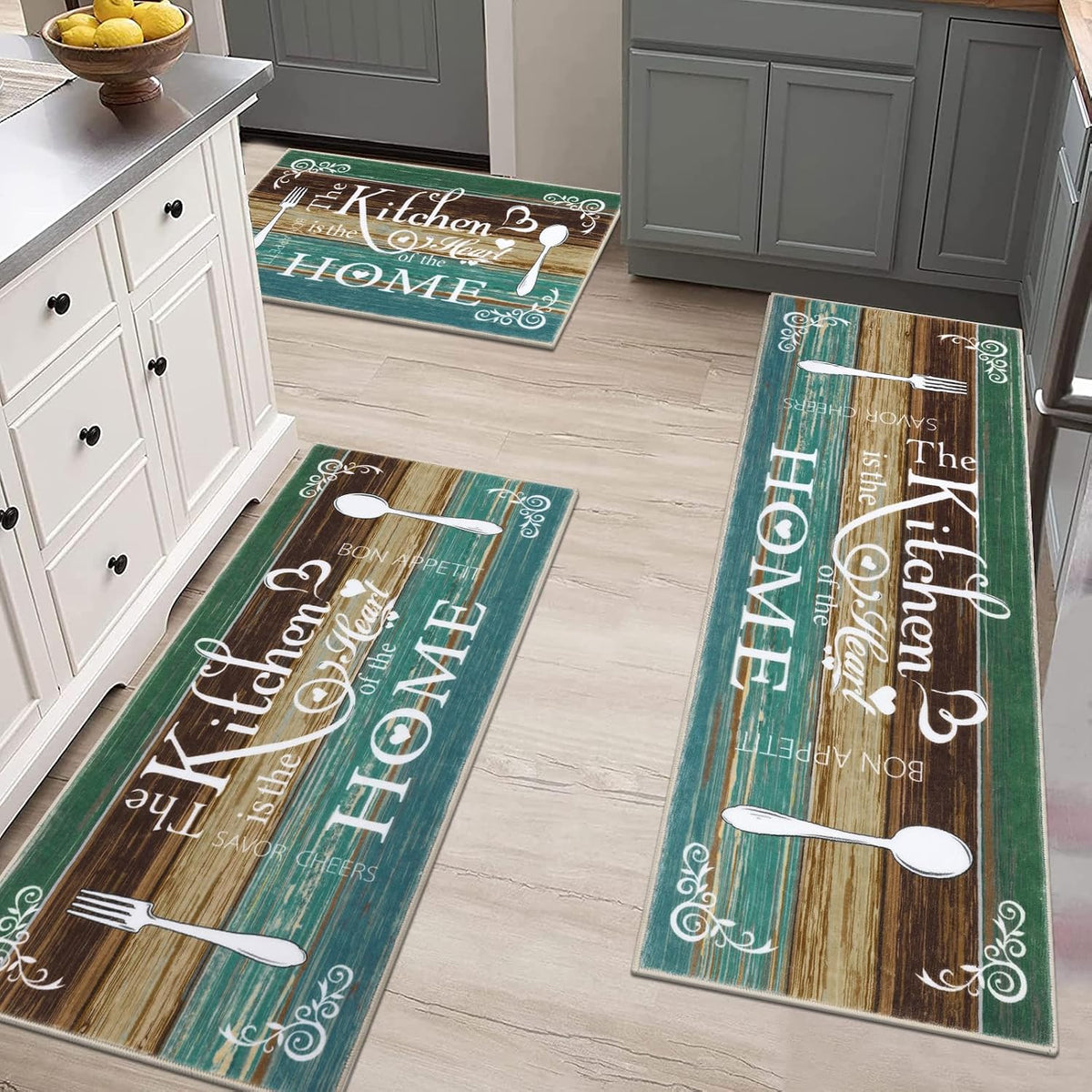 Vaukki Boho Kitchen Rug Sets 3 Piece,Teal Washable Kitchen Mat for Floor