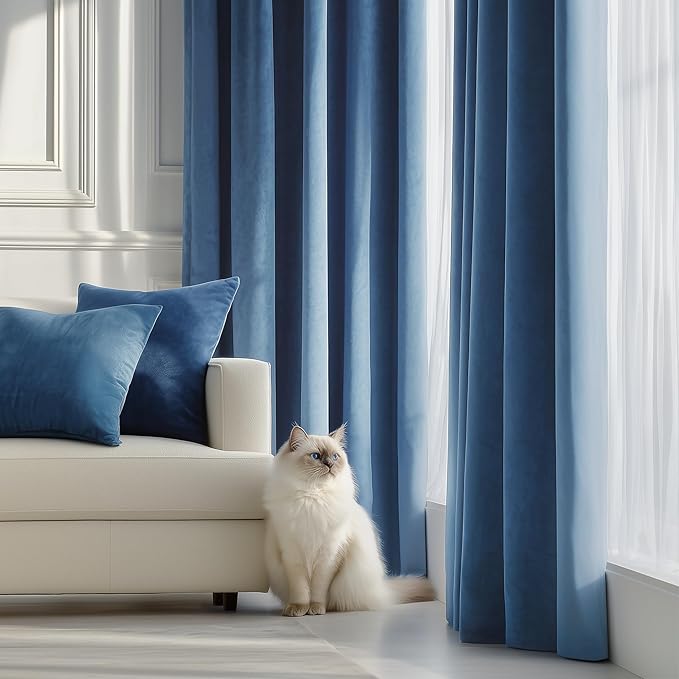FMFUNCTEX Velvet Blackout Curtains Blue Thermal Insulated Curtains