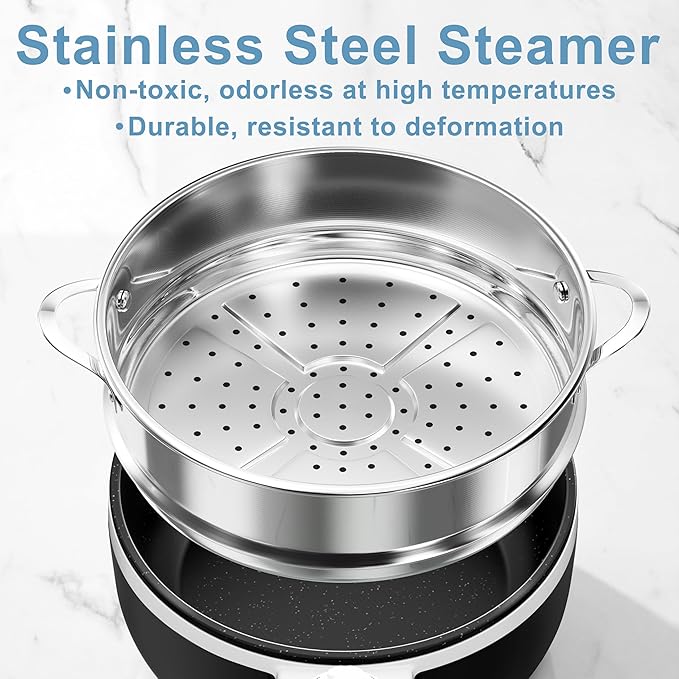 Dezin Hot Pot Electric with Steamer Upgraded, Non-Stick Sauté Pan, Rapid