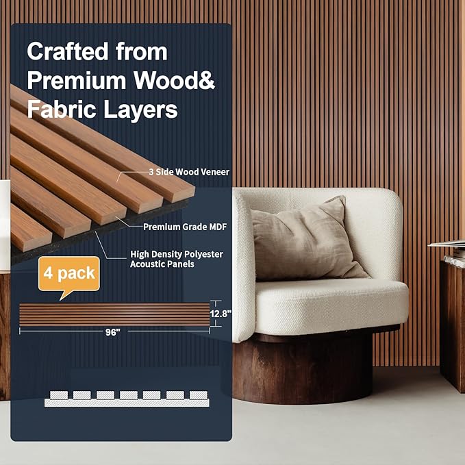 NeatiEase Wood Panels for Wall, 4-Piece 96" x 12.6" Soundproof Wood Slat Wall