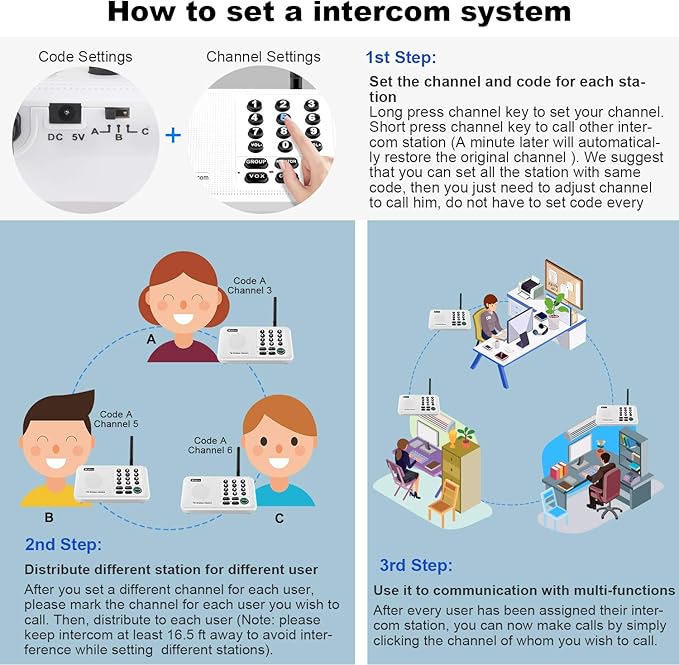 Wuloo Intercoms Wireless for Home 5280 Feet Range 10 Channel 3 Code, Wireless (3 Packs)