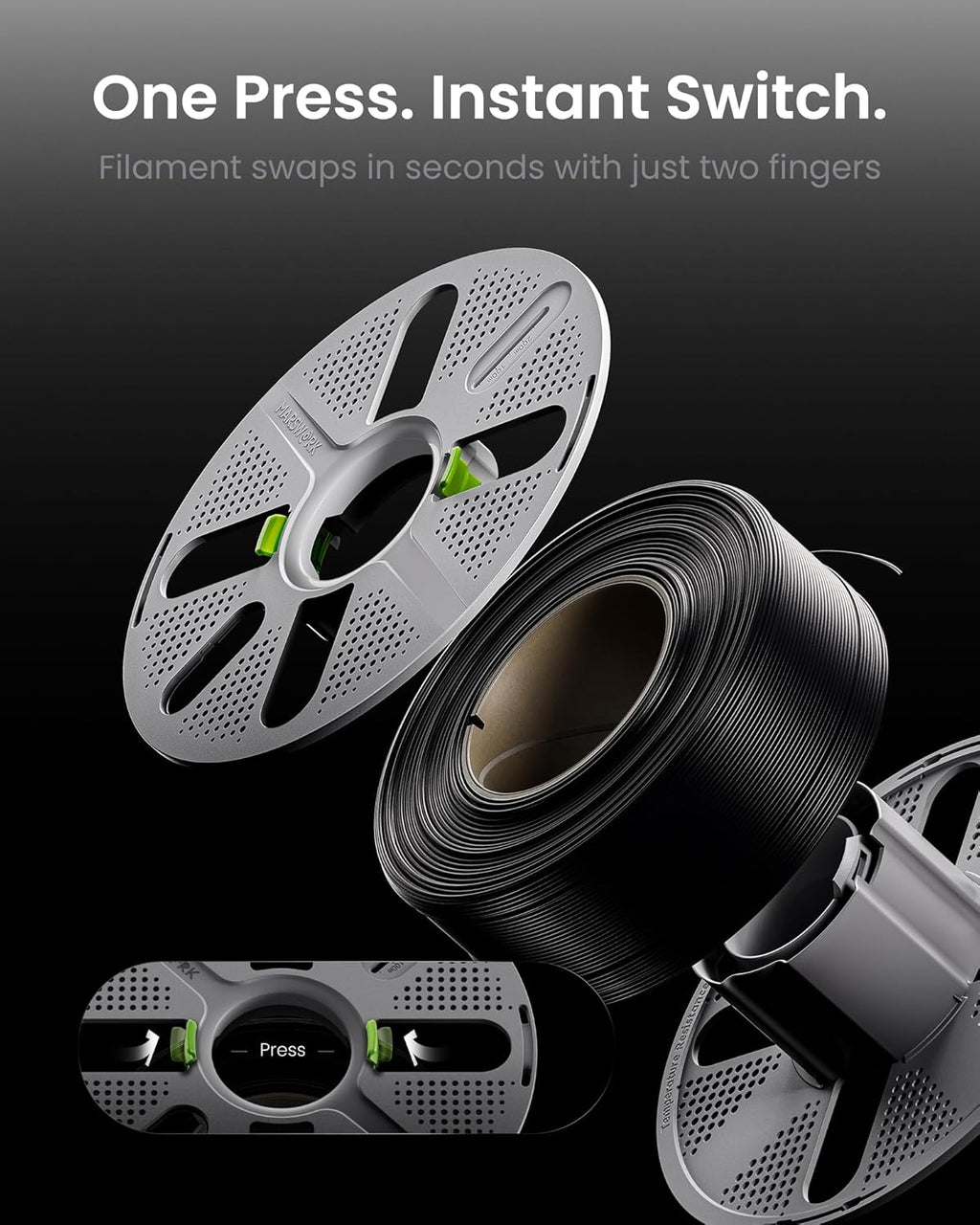 quick-swap reusable spool for refill filament, two-finger press shown in use