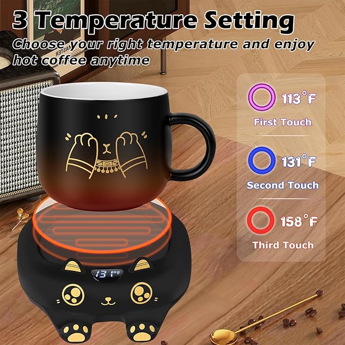 PUSEE Coffee Mug Warmer & Cute Cat Mug Set, Coffee Cup Warmer