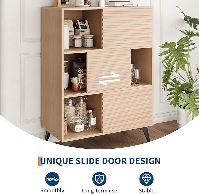 IDEALHOUSE Fluted Cabinet with Sliding Doors, Modern Wooden Storage Cabinet