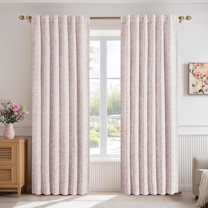 Beauoop Pink Floral Jacquard Blackout Curtains 63 Inches Long 2 Panels