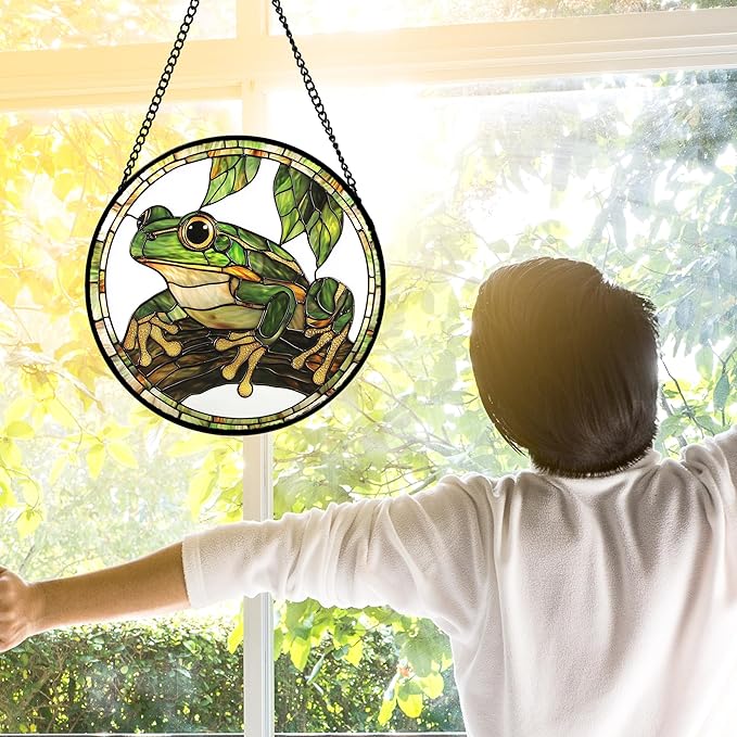 DASTOLL Stained Glass Window Hanging, Frog Green Leaf Sun Catchers Colorful