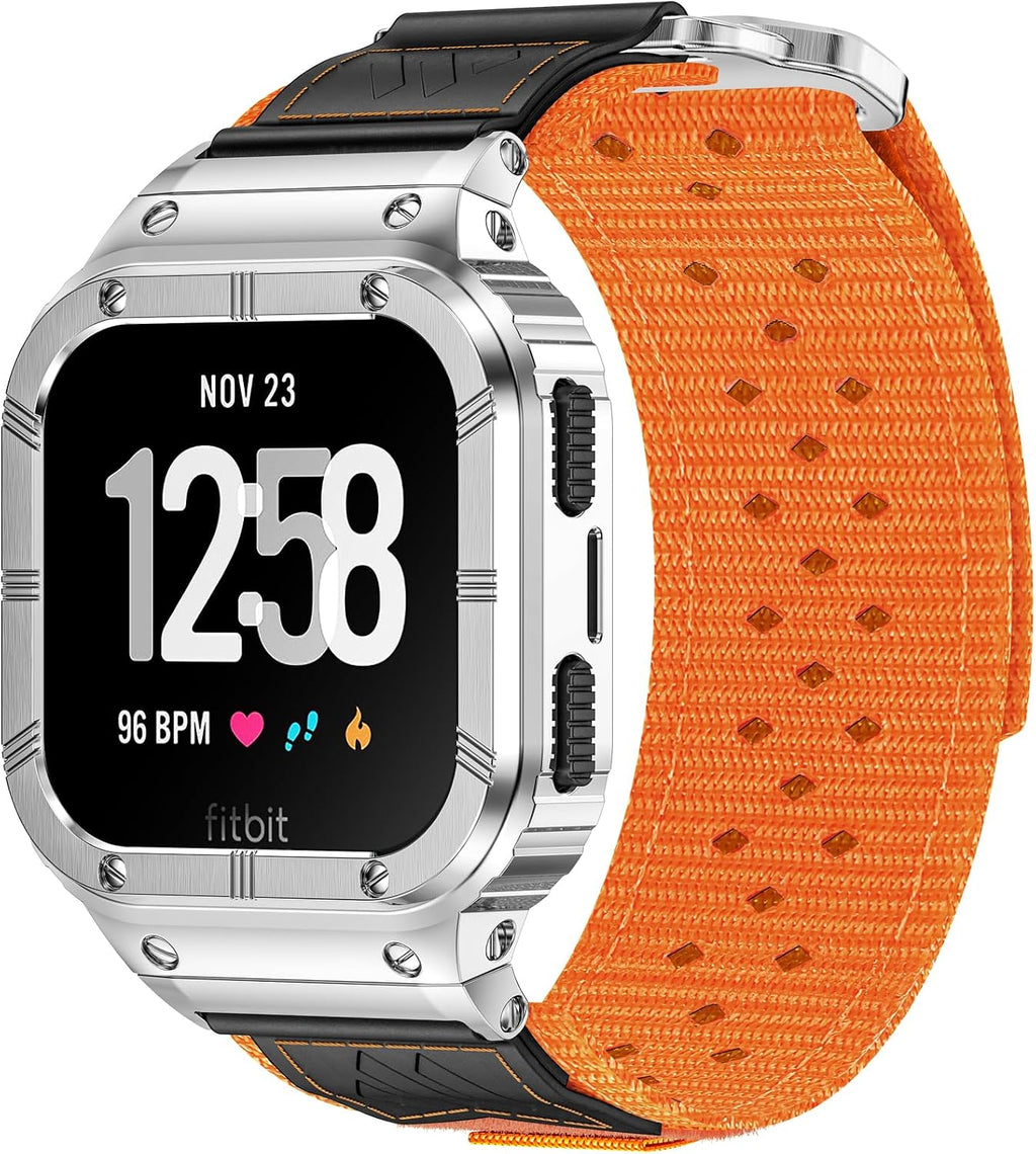MioHHR Nylon Bands with Stainless Steel Case for Fitbit Versa 4 3 2 1 Lite