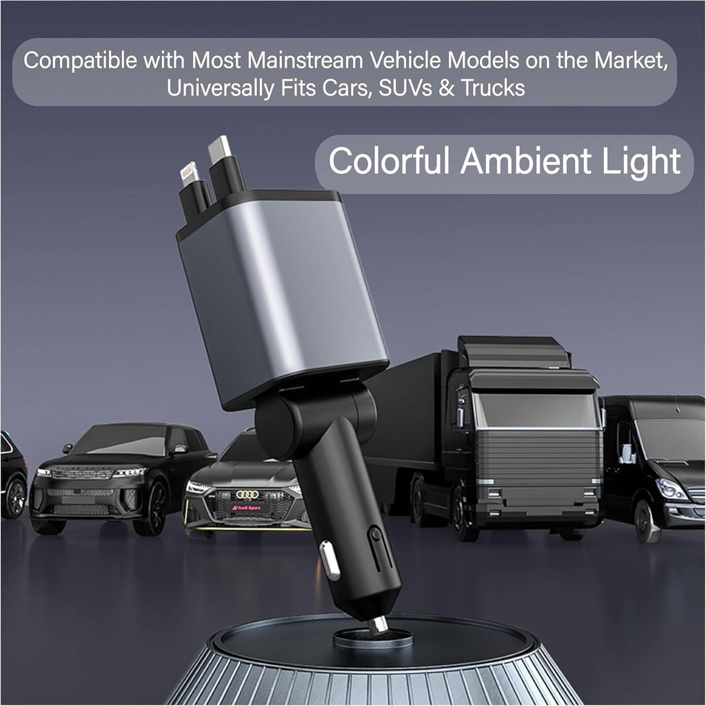 4-in-1 retractable 30w fast car charger, dual usb-c, close-up detail